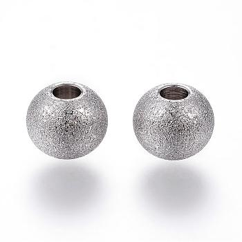 201 Stainless Steel Textured Beads, Round, Stainless Steel Color, 8x7mm, Hole: 3mm