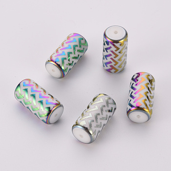 Electroplate Glass Beads, Column with Geometric Pattern, Colorful, 20x10mm, Hole: 1.2mm, 50pcs/bag