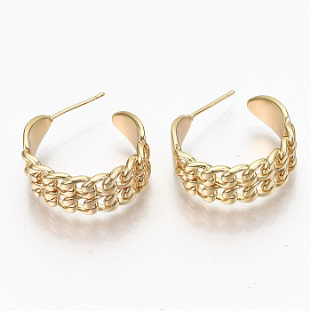 Brass Half Hoop Earrings, Stud Earring, Nickel Free, Curb Chain Shape, Real 18K Gold Plated, 23x23x9mm, Pin: 0.7mm