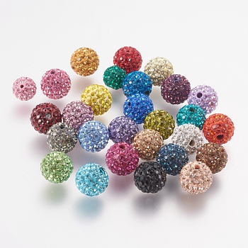 Czech Rhinestone Beads, PP9(1.5~1.6mm), Pave Disco Ball Beads, Polymer Clay, Round, Mixed Color, 7.5~8mm, Hole: 1.8mm, 70~75pcs rhinestones/ball.