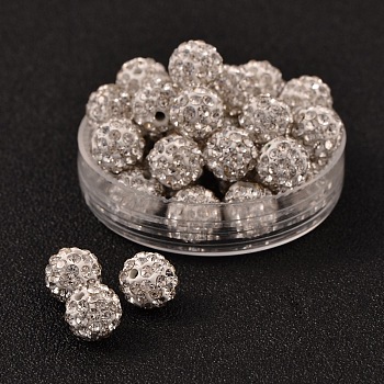 Polymer Clay Rhinestone Beads, Pave Disco Ball Beads, Grade A, Round, Half Drilled, Crystal, PP13(1.9~2mm), 8mm, Hole: 1mm