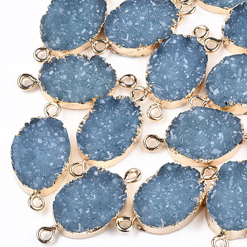 Electroplate Druzy Resin Links connectors, with Iron Findings, Oval, Light Gold, Steel Blue, 26~27x13x5~6mm, Hole: 1mm