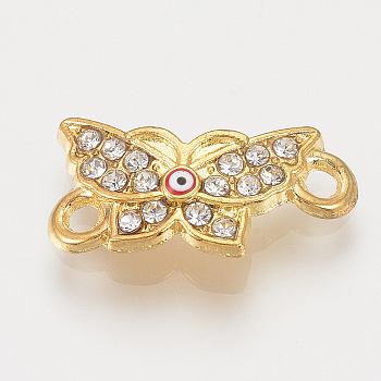 Alloy Rhinestone Links connectors, Cadmium Free & Lead Free, Butterfly with Evil Eye, Red, Golden, 19x9.5x2mm, Hole: 1.5mm