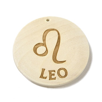 Wood Pendants, Flat Round, Leo, 40x39x6mm, Hole: 1.6mm