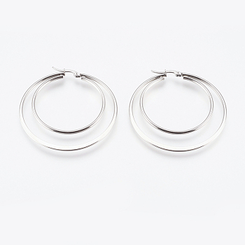 201 Stainless Steel Hoop Earrings, with 304 Stainless Steel Pin, Hypoallergenic Earrings, Double Ring, Stainless Steel Color, 12 Gauge, 54x52x2mm, Pin: 0.7x1mm