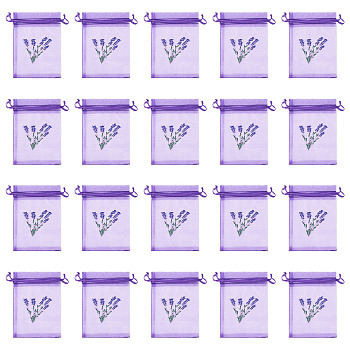 20Pcs Polyester Mesh Sachet Packing Drawstring Bgas, Rectangle with Lavender Pattern, Blue Violet, 12.2x9x0.1cm