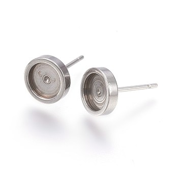 304 Stainless Steel Stud Earring Settings, Flat Round, Stainless Steel Color, 8x2mm, Tray: 6mm, Pin: 0.7mm