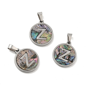304 Stainless Steel with Paua Shell Pendants, Stainless Steel Color, Flat Round with Letter Charm, Letter.Z, 18x16x1.5mm, Hole: 3x6mm