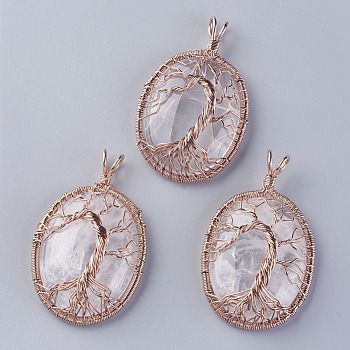 Natural Quartz Crystal Big Pendants, Rock Crystal, with Rose Gold Tone Brass Findings, Oval with Tree of Life, 56~58.5x35~36x12~13.8mm, Hole: 4.2~5.2x4.6~6mm