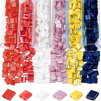 6 Colors 2-Hole Glass Seed Beads, Mixed Style, Rectangle, Mixed Color, 5x4.5~5.5x2~2.5mm, Hole: 0.5~0.8mm, about 80pcs/color