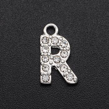 Alloy Rhinestone Charms, Platinum, Crystal, Letter, Letter.R, 12.5x8x2mm, Hole: 1.5mm