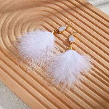 Feather Dangle Earrings, Golden, White, 150mm