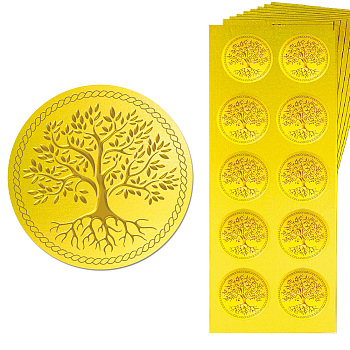 15 Sheets Gold Foil Paper Picture Stickers, Round Dot Decorative Stickers, Tree of Life, 195x80x10mm, Sticker: 35mm in diameter, about 10pcs/sheet