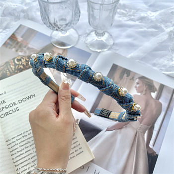 Cloth Hair Bands, with Plastic Pearl & Iron Findings, Hair Accessories for Women Girls, Cornflower Blue, 120mm