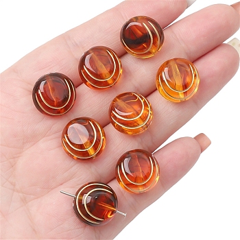 Imitation Amber Transparent Acrylic Beads, Chocolate, Metal Enlaced, Flat Round, 15x10mm, Hole: 1.6mm, about 15pcs/bag