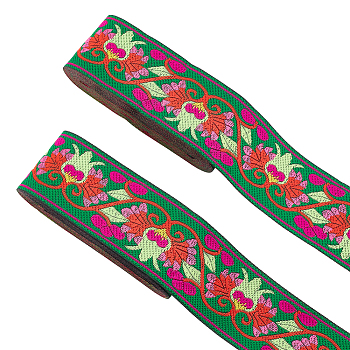 Ethnic Style Polyester Ribbons, Jacquard Ribbon, Flower Pattern, Lime Green, 2 inch(50mm), about 7.66 Yards(7m)/pc