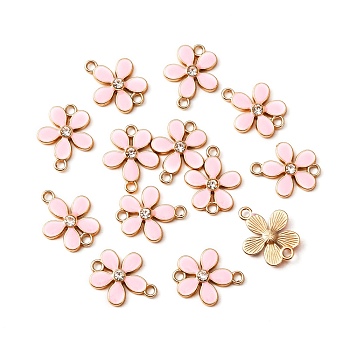 Zinc Alloy Enamel Links Connectors, with Crystal Rhinestones, Golden, Flower, Pink, 15.5x19.5x3mm, Hole: 2mm