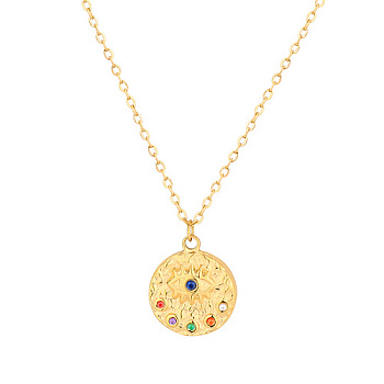 Colorful Cubic Zirconia Eye Pendant Necklace with Stainless Steel Cable Chains, Golden, Pendant: 18x15.5mm
