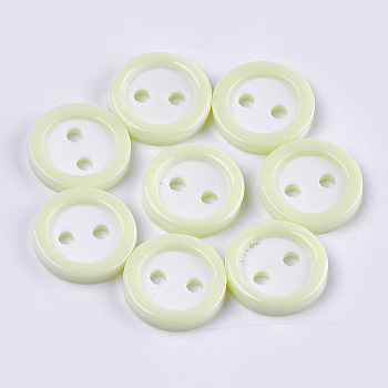 Resin Buttons, 2-Hole, Flat Round, Green Yellow, 11x2mm, Hole: 1.8mm, about 1000pcs/bag