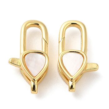 Rack Plating Brass Lobster Claw Clasps, with Shell, Cadmium Free & Lead Free, Real 18K Gold Plated, Long-Lasting Plated, Teardrop, 18x9.5x5.5mm, Hole: 3x1.5mm