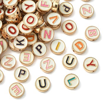 Alloy Enamel Letter Beads, Flat Round with Letter A-Z, Light Gold, White, 10x3.5mm, Hole: 1.4mm, 50pcs/box