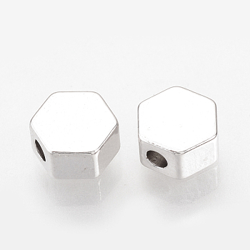 Brass Spacer Beads, Nickel Free, Real Platinum Plated, Hexagon, Real Platinum Plated, 6x7x3mm, Hole: 1.5mm