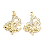 Brass Micro Pave Clear Cubic Zirconia Pendants, Word Fe with Flower Charms, Real 18K Gold Plated, 27x22x3mm, Hole: 3.5x2mm(CU-L277-11G)