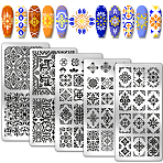 Stainless Steel DIY Nail Art Templates, Template Tool, Rectangle, Floral, 12x6cm, 5 sheets/set(MRMJ-WH0098-014)