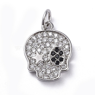 Brass Micro Pave Cubic Zirconia Pendants, Long-Lasting Plated, Skull, Clear, Real Platinum Plated, 15.1x12x2.3mm, Hole: 3mm(ZIRC-G160-36P)