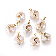 Natural Cultured Freshwater Pearl Pendants, with Cubic Zirconia and Brass Findings, Flat Round with Moon, Golden, Mixed Color, 17~18x12~14mm, Hole: 1.6mm(PEAR-I005-02)