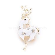 Golden Plated Alloy Brooches, with Rhinestone and Enamel, Deer, for Christmas, White, 56.5x28.5x11.5mm, Pin: 0.8mm(X-JEWB-L011-016G)
