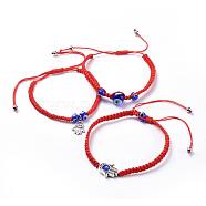Adjustable Nylon Thread Braided Bead Bracelets Sets, with Handmade Lampwork Evil Eye Beads, Tibetan Style Alloy Bead Frames and 304 Stainless Steel Charms, Hamsa Hand/Hand of Fatima/Hand of Miriam, Red, 1-5/8 inch~3-1/2 inch(4.3~8.8cm), 3~4mm, 3pcs/set(BJEW-JB04459)