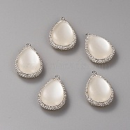 White Cat Eye Pendants, with Rhinestone and Brass Findings, Teardrop, Crystal, Creamy White, 32.4x22x10mm, Hole: 1.8mm(CE-G007-01P)