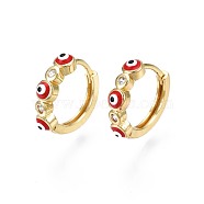 Clear Cubic Zirconia Evil Eye Huggie Hoop Earrings with Enamel, Brass Jewelry for Girl Women, Real 18K Gold Plated, Nickel Free, Red, 15x17x4mm, Pin: 1mm(EJEW-N015-18B)