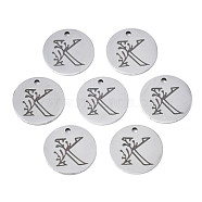304 Stainless Steel Charms, Laser Cut, Designed Letter Engraved, Flat Round, Stainless Steel Color, Letter.K, 14x1mm, Hole: 1.2mm(STAS-T059-26P-K)