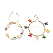 2Pcs 2 Style Synthetic Turquoise Starfish Charm Bracelets Set, Natural Shell & Maple Wood Braided Bead Bracelets, with Real 18K Gold Plated 304 Stainless Steel Figaro Chains, Mixed Color, 7-1/4 inch(18.5cm), 1Pc/style(BJEW-TA00354)