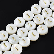 Natural Freshwater Shell Beads, with Enamel, Horizontal Hole, Flat Round with Alphabet, Letter.J, 8x3.5~4.5mm, Hole: 0.5mm, about 40pcs/strand, 12.20~12.60inch(31~32cm)(SHEL-S276-168J)
