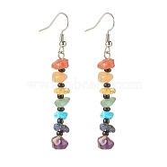 Natural & Synthetic Mixed Gemstone Chip Beaded Dangle Earrings with Glass, 7 Chakra Brass Long Drop Earrings for Women, 60x19mm, Pin: 0.8mm(EJEW-JE04841)