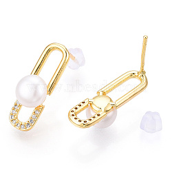 Natural Pearl Stud Earrings Micro Pave Cubic Zirconia, Brass Earrings with 925 Sterling Silver Pins, Clips, Real 18K Gold Plated, 20.5x6.5x2mm, Pin: 0.8x12mm, Pearl
: 7mm in diameter, 4mm thick.(PEAR-N022-B02)