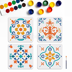 MAYJOYDIY US 1 Set Floral PET Hollow Out Drawing Painting Stencils, with 1Pc Art Paint Brushes, for Acrylic Painting Watercolor Oil Gouache, Tile Pattern, Painting Stencils: 300x300mm, 4 styles, 1pc/style(DIY-MA0001-37)