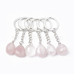 Natural Rose Quartz Keychain, with Iron Findings, Nugget, Platinum, 85~100mm, Pendant: 25~40x14~25x11~18mm, Ring: 27~28x2mm(G-T104-32B)