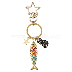 Alloy & 304 Stainless Steel Enamel Keychains, Fish & Cat, with Brass Rings and Alloy Swivel Lobster Clasps, Mixed Color, 75mm(KEYC-YW00269)