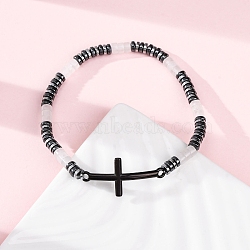 Bohemia Column Natural White Jade Bead Stretch Bracelets, Stainless Steel Cross Link Bracelets for Women Men, with Synthetic Hematite, Inner Diameter: 2-1/8 inch(5.35cm)(BJEW-F493-01EB)