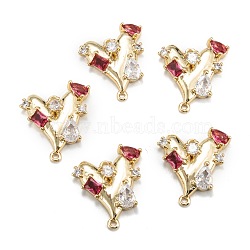 Brass Micro Pave Red Cubic Zirconia Pendants, Long-Lasting Plated, Heart with Rectangle, Real 18K Gold Plated, 19x18x3.5mm, Hole: 1.5mm(ZIRC-P086-27G)