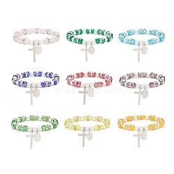 9Pcs 9 Color Glass & Imitation Pearl Beaded Stretch Bracelets Set, 201 Stainless Steel Cross & 304 Stainless Steel Virgin Mary Charms Stackable Bracelets for Women, Mixed Color, Inner Diameter: 2-1/8 inch(5.5cm), 1Pc/color(BJEW-JB08945)