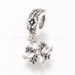 Alloy European Dangle Charms, with Rhinestones, Snowflake, Large Hole Pendants, Antique Silver, 27.5mm, Hole: 5mm(MPDL-S055-03)