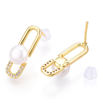 Natural Pearl Stud Earrings Micro Pave Cubic Zirconia, Brass Earrings with 925 Sterling Silver Pins, Clips, Real 18K Gold Plated, 20.5x6.5x2mm, Pin: 0.8x12mm, Pearl
: 7mm in diameter, 4mm thick.