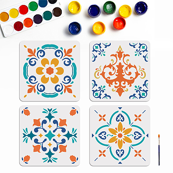 MAYJOYDIY US 1 Set Floral PET Hollow Out Drawing Painting Stencils, with 1Pc Art Paint Brushes, for Acrylic Painting Watercolor Oil Gouache, Tile Pattern, Painting Stencils: 300x300mm, 4 styles, 1pc/style