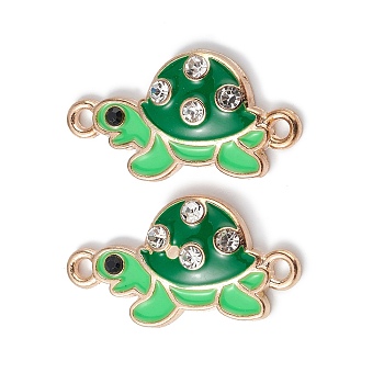 Alloy Enamel Connector Charms, Tortoise Links with Crystal Rhinestone, Light Gold, Cadmium Free & Nickel Free & Lead Free, Green, 23x12x3mm, Hole: 1.5mm