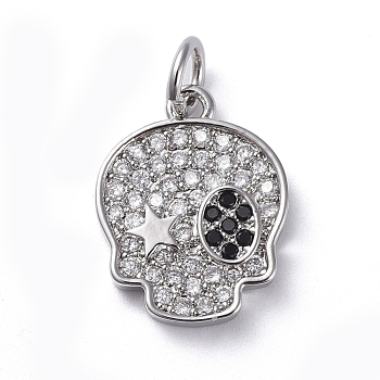 Brass Micro Pave Cubic Zirconia Pendants, Long-Lasting Plated, Skull, Clear, Real Platinum Plated, 15.1x12x2.3mm, Hole: 3mm